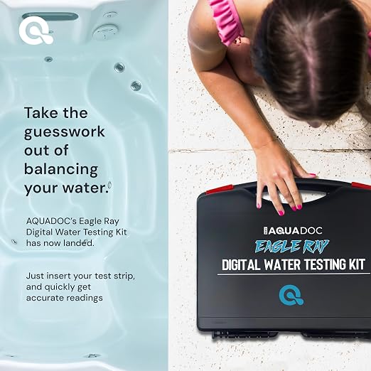 AquaDoc Eagle Ray Digital Water Test Kit for Pool & Spa with 30 Test Strips | Includes a Digital Water Tester and Hot Tub Test Strips for pH, Chlorine, Bromine, Alkalinity, Hardness And Cyanuric Acid