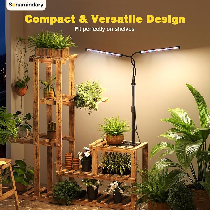 LED Grow Lights for Indoor Plants, Tripod Stand, Dual Head | 120 LEDs, Upgraded 9V System, 9.8-35 in Adjustable Tripod, 5700K Full Spectrum, CRI 90+, 4/8/12H Timer, 5 Brightness Levels