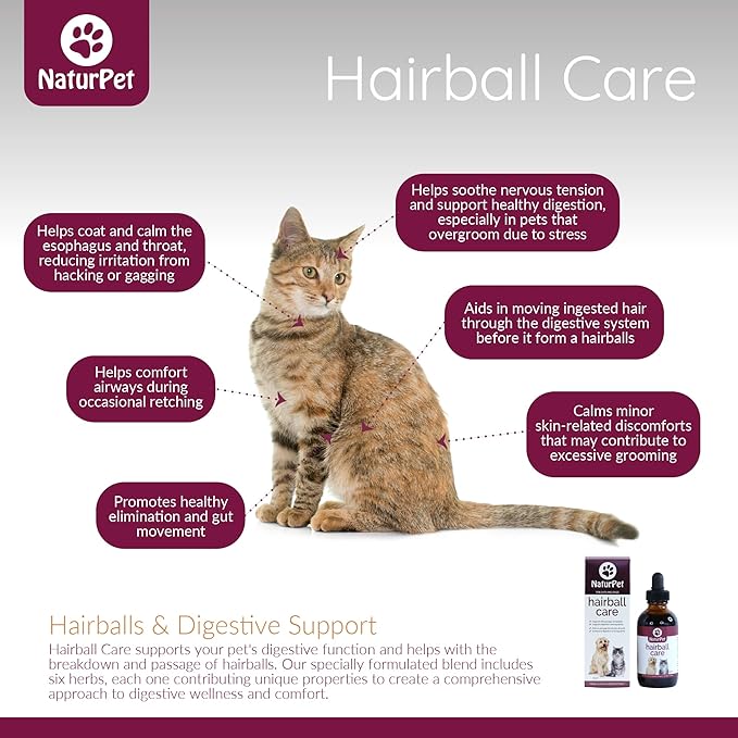NaturPet Hairball Care | Natural Herbal Drops to Support Digestion, Hairballs, Gas, Bloating | Cats& Dogs | 100mL