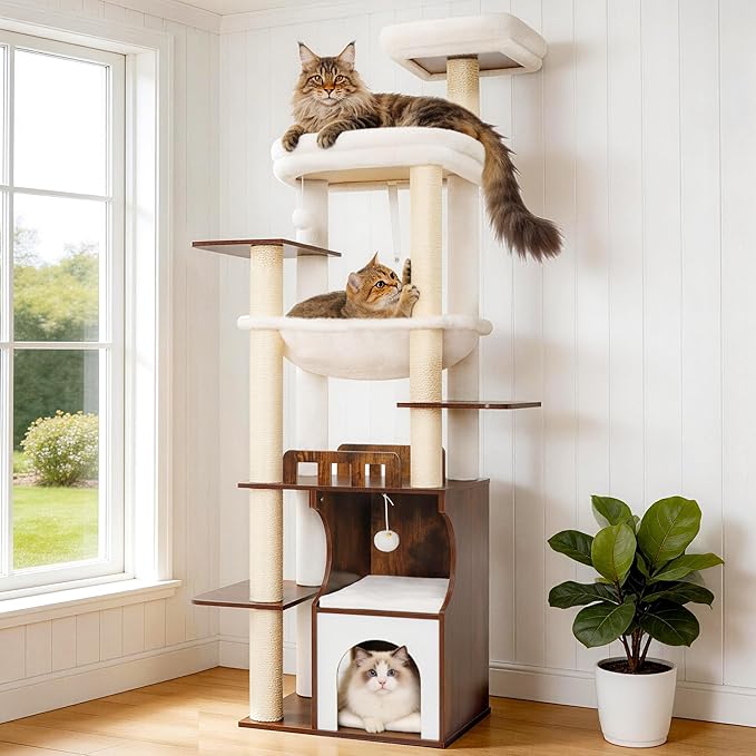 Gitelsnour Cat Tree, 70.9 Inch Wood Cat Tower for Large Cats Adult, Modern Cat Furniture with Double-Layer Wooden Cat Condo, 2 Platforms, Large Hammock and Scratching Posts, Rustic Brown GCT102SR