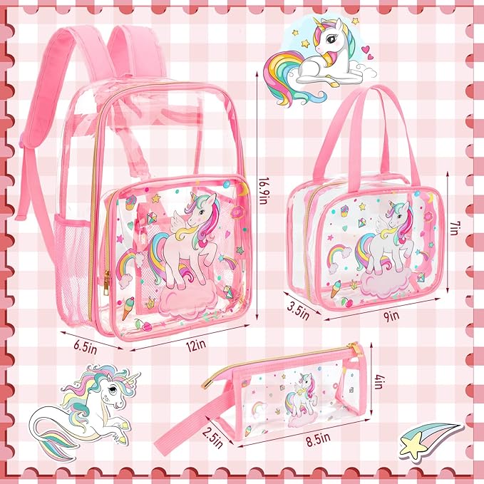 Kacctyen 3 Pcs Clear Backpack Heavy Duty Clear Stadium Bag Transparent Backpack with Lunch Bag(Pink,Rainbow, Unicorn)