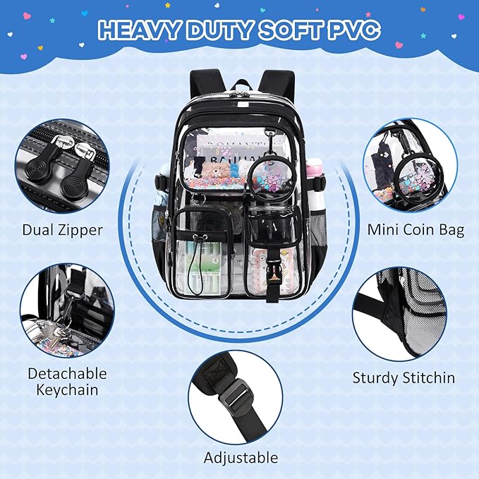 Clear Backpacks for Stadium Events Heavy Duty Clear Bookbag for School Girls Transparent Back Pack