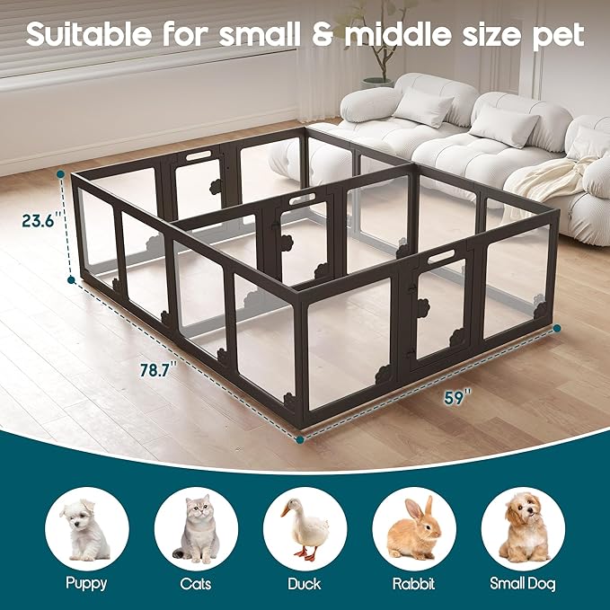 Albott Acrylic Clear Dog Playpen Indoor, Modular Puppy Cat Small Pet Play Pen with 3 Doors, Transparent Fence for Little Dogs, Cats, Rabbits, Easy Assemble and Disassemble, Black (24" H, 17 pcs)