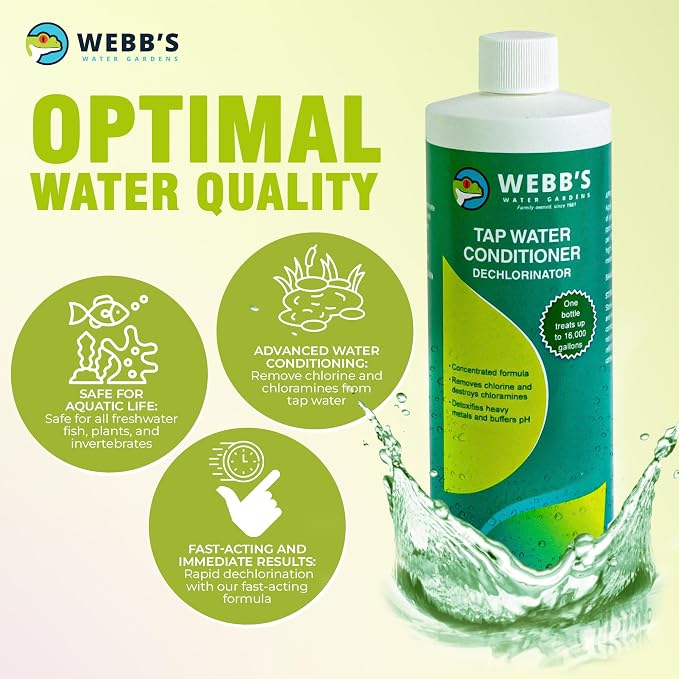 Webb's Water Gardens Essential Tap Water Conditioner Dechlorinator - Ideal for Ponds, Freshwater & Aquariums - Concentrated Formula for Dechlorinated Water - Liquid Supplies for Aquatic Pets - 16oz