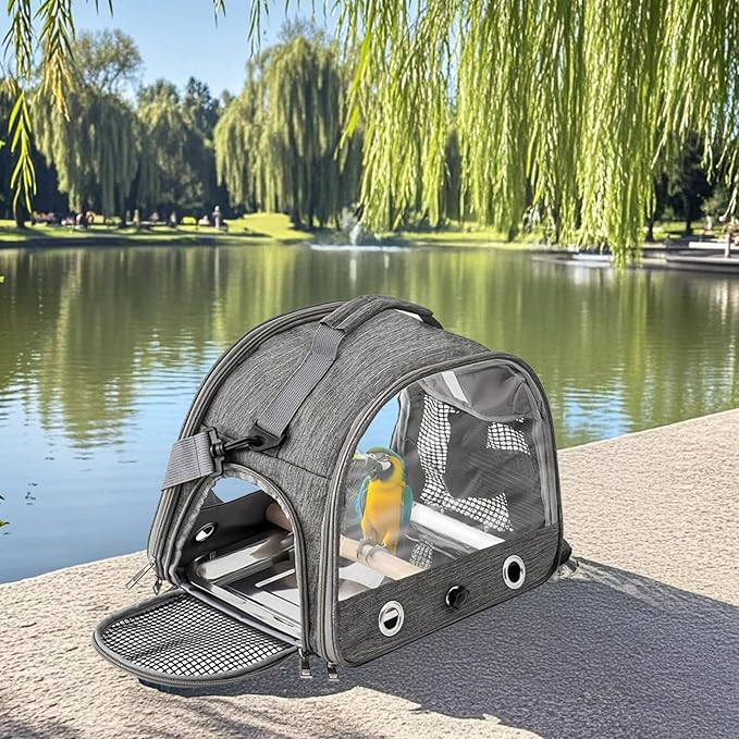 BOSREROY Backpack Pet Carrier, Airline Approved Parrot Transport with Transparent Mesh, Adjustable Shoulder Strap, and Stainless Steel Tray for Smaller Pets