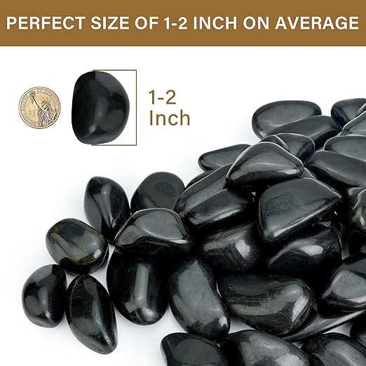 12lb Black River Rocks for Plants Indoor, 1-2Inch Pebbles for Vases Fillers, Decorative Gravel for Fish Tank, Natural Polished Stones for Succulent, Bonsai, Landscaping, Bird Baths