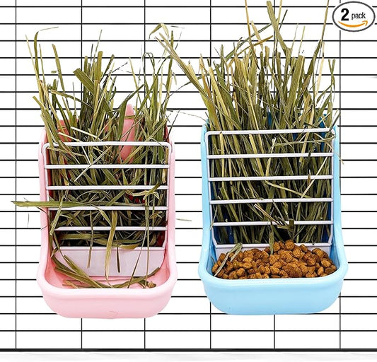 Hamiledyi 2PCS Rabbit Hay Feeders Rack 2 in 1 Feeder Bowls Double Bunny Feed Holder Grass Food Supplies for Chinchillas Guinea Pig Hamsters (Pink+Blue)