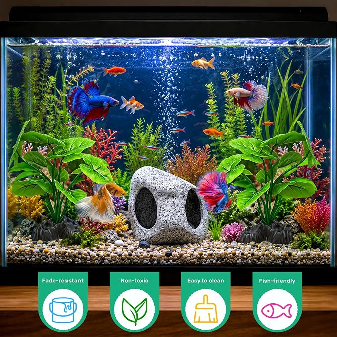 Fish Tank Decor, Aquarium Decor Set Betta Fish Tank Decorations with Artificial Green Plants & Hideaway Rock Cave for Betta Goldfish Turtle Reptile Decoration