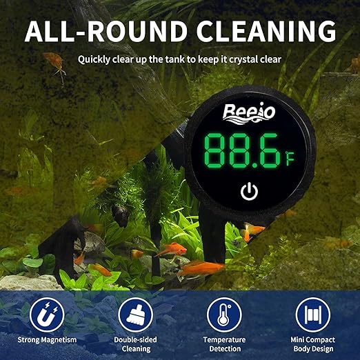 BEEJO 2 in 1 Aquarium Magnet Glass Cleaner with Touch Digital Thermometer ，Glass Fish Tanks Strong Magnetic Cleaning Brush，Aquarium Mini Algae Scraper (Black)