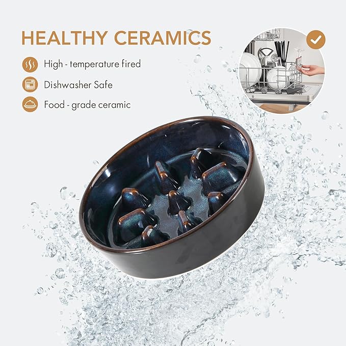 Havniva Elevated Slow Feeder Dog Bowls, 1.2 Cups/7.3 inch Slow Feeders + 6.1 inch Ceramic Dog Food & Water Bowls Set with Acacia Wood Stand Puzzle Bowls for Fast Eater, Small Dogs Anti-Choking