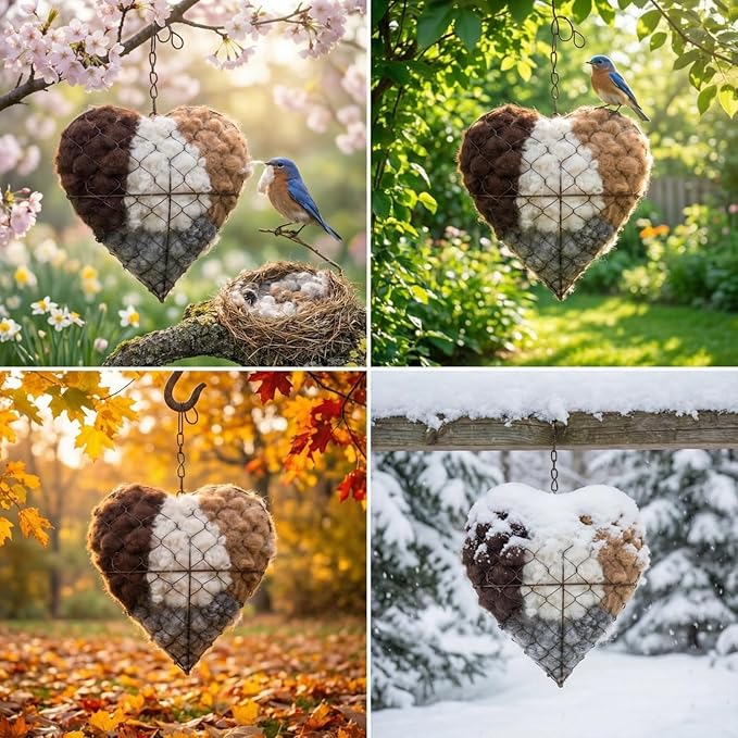 Heart-Shaped Bird Nesting Material Holder, Wire Mesh Feeder with Cotton Fill, Hanging Chain, Garden Decor (2)