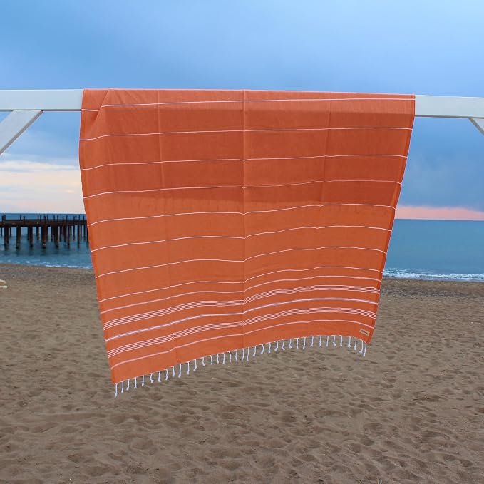 Bersuse Towels Anatolia XL Beach Blanket Throw Blanket Turkish Towel 100% Cotton Extra-Large Quick-Dry Lightweight Premium Peshtemal Towel - 61x82 Inches, Orange (Set of 6)