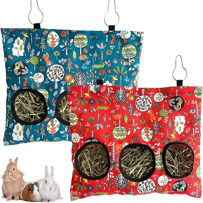 Rabbit Hay Feeder Bag, Guinea Pig Hay Feeder for Cage Small Animal Hanging Feeding Bags Rabbit Hay Dispenser Storage for Rabbits Guinea Pigs Bunnies Chinchillas (Red,Dark Blue, 3 Hole)