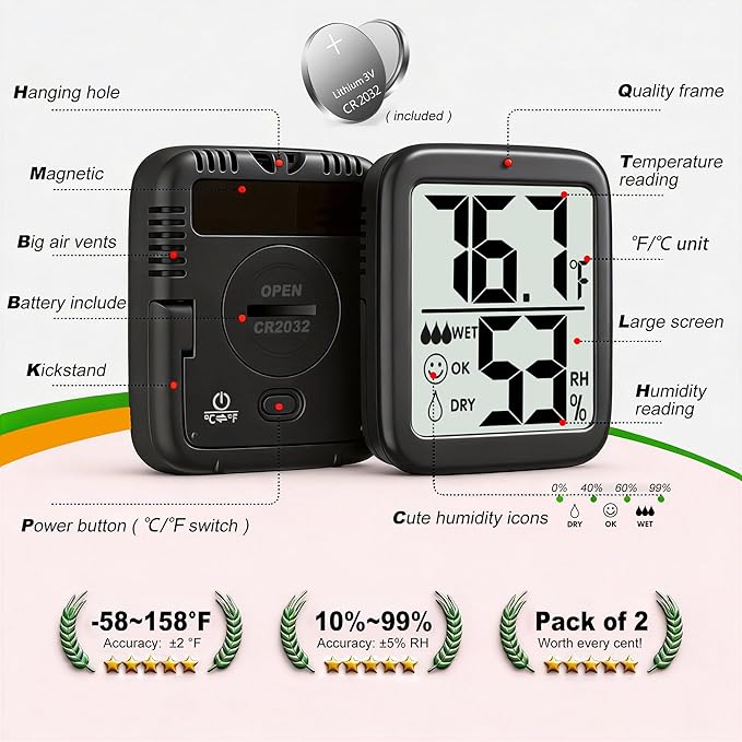 2 Pack Room Thermometer Indoor Hygrometer | Monitor Temperature & Humidity, Accurate, Fast Read, Easy To View, Magnetic/Kickstand/Hanging, ℉/℃, w/ Battery, Compact