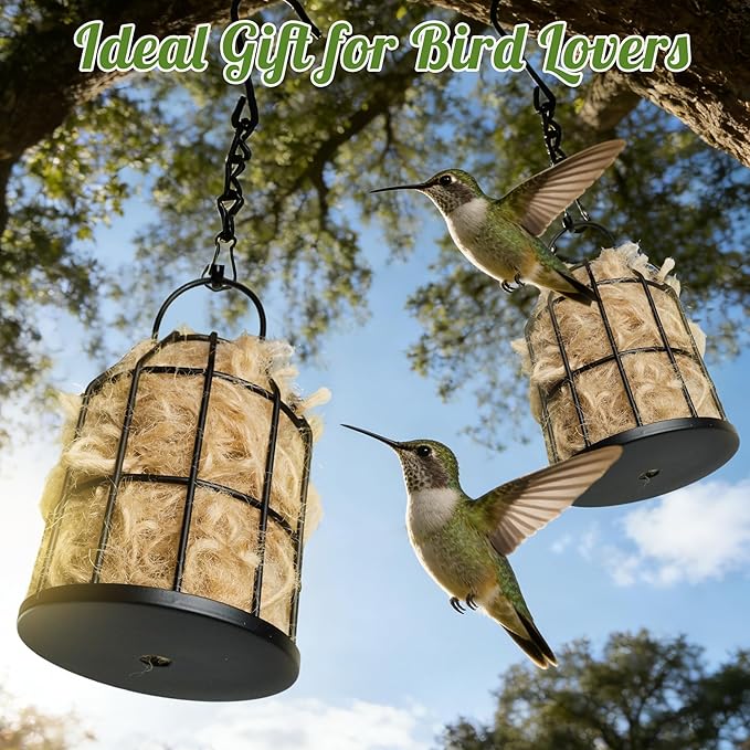 Bird Nesting Material Holders, 2 Pack Refillable Hummingbird Nest Cages Sets with Natural Mixing Cotton Material for Wild Birds, Outdoor Indoor Patio Garden Hanging Decor for Bird Lovers
