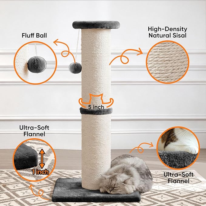 PAWSCRAT Cat Scratching Post 32" Tall, Large Diameter Natural Sisal Cat Scratch Post with Dangling Ball, Scratch-Resistant and Durable Tall Cat Scratcher for Indoor Cats, Protect Your Furniture, Grey
