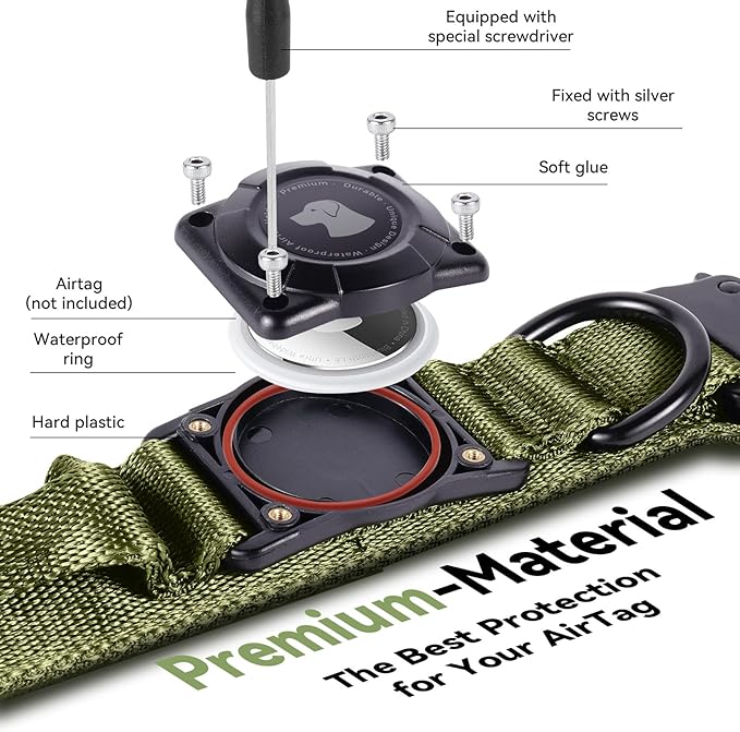 2026 Upgrade Waterproof AirTag Dog Collar, Military Tactical Dog Collar with AirTag Holder, Comfortable Control Handle and Metal Buckle, GPS Dog Collar Holder for Medium to Large Dogs (ArmyGreen, L)