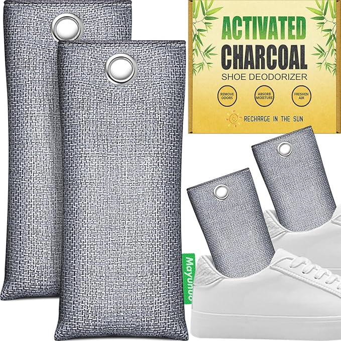Activated Charcoal Odor Absorber, Natural Shoe Deodorizer Insert, Sneaker Odor Eliminator and Moisture Absorbers. 2 Pack Bamboo Charcoal Air Purifying Bags Shoe Smell Remover