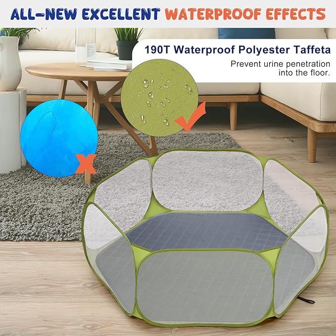Pawaboo Small Animals Playpen with Pad, Waterproof Small Pet Cage Tent with Reusable Pad, Portable Outdoor Yard Fence for Chick/Kitten/Puppy/Guinea Pig/Rabbits/Chinchillas, Green + Grey