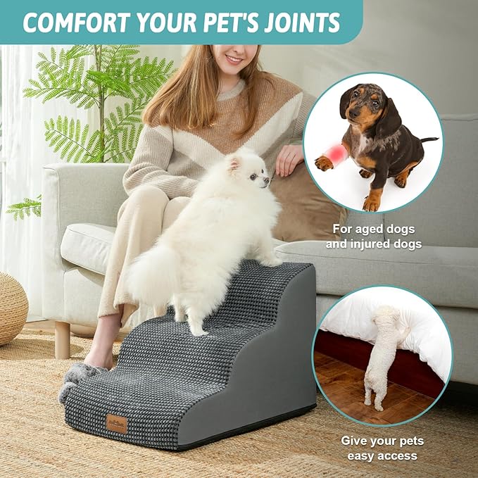 COZY KISS Wide Dog Stairs for Small Dog 15.7" H, Pet Step for Puppy, Older Cat, Curved Ramp for Couch, Durable Anti-Slip Ladder with High Density Foam, 3 Step, 17.7x22.4x15.7 inch, Charcoal Grey