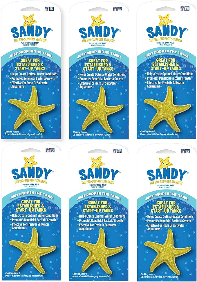 Sandy The Bio-Support Starfish - 6 Pack, Yellow- Promotes A Healthy Balanced Aquarium Ecosystem, Probiotic Growth, Tank Environment Control | Probiotic growth media for fresh & saltwater tanks – safe for fish, shrimp & plants – lasts up to 60 days