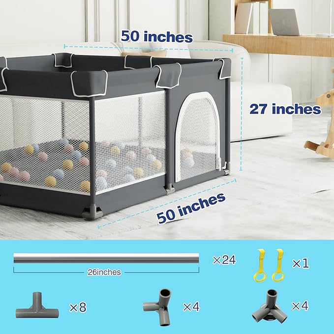 Grobeybees Playpen for Babies and Toddlers, Large Baby Playpen, Playard with Bag, Indoor & Outdoor Play Pen, Sturdy Safety Baby Play Yard with Soft Breathable Mesh (Grey)