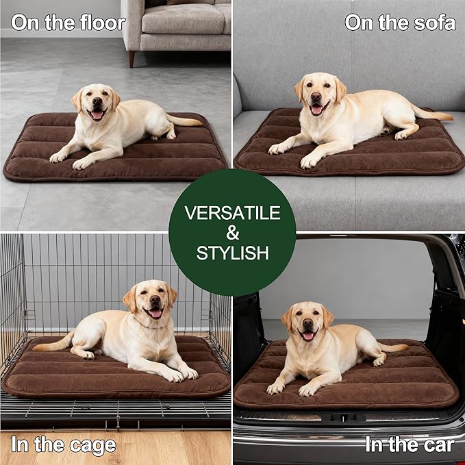 Dog Bed Mat, Reversible Dog Crate Pad with Washable Kennel Mat and Soft Foam, Flat Pet Bed for Dogs & Cats, for Crates Carriers & Travel (Dark Brown, 34" L*20" W*1.5" Th)