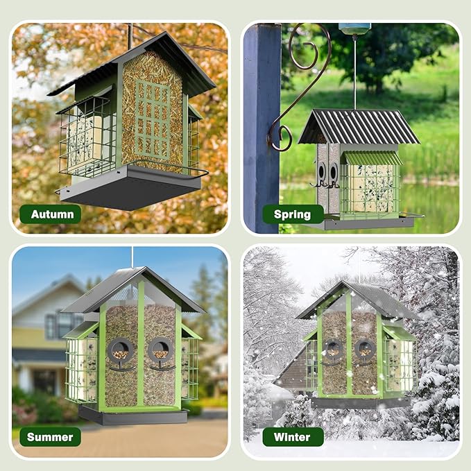 FlowaFoli Bird Feeders for Outdoors, Metal Bird Feeder with Double Suet Cage Weatherproof Metal Roof, 2 in 1 Mixed Seeds Suet Feeder, 4Lbs Large Capacity, Great for Finch、Cardinal、Chickadee（Green）