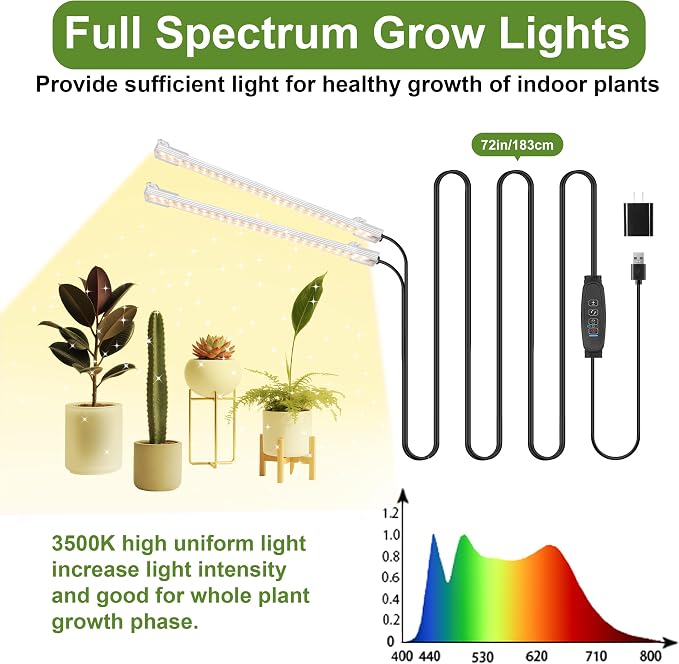 8.6'' LED Grow Light Strips, Full Spectrum 3500K Grow Lights for Indoor Plants, 2 Head with 3/9/12H Timer, 10 Dimmable Levels, Suitable for Seedling, Succulent, Plant Shelf and Greenhouse, 1-Pack