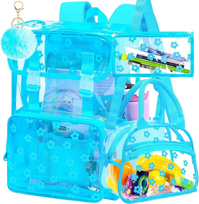 17" Plum Blossom Clear Backpack for Girls - 3Pcs Flip Design Stadium Approved Set, Campus/School Transparent Bookbag (Blue)