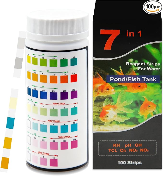 7 in 1 Aquarium Test Strips 100Pcs Fish Tank Aquariums Water Test Kit Fast & Accurate Water Testing for pH, Nitrate, Nitrite, Hardness & More Aquarium Test Strips for Fish Tank (Model DF012)