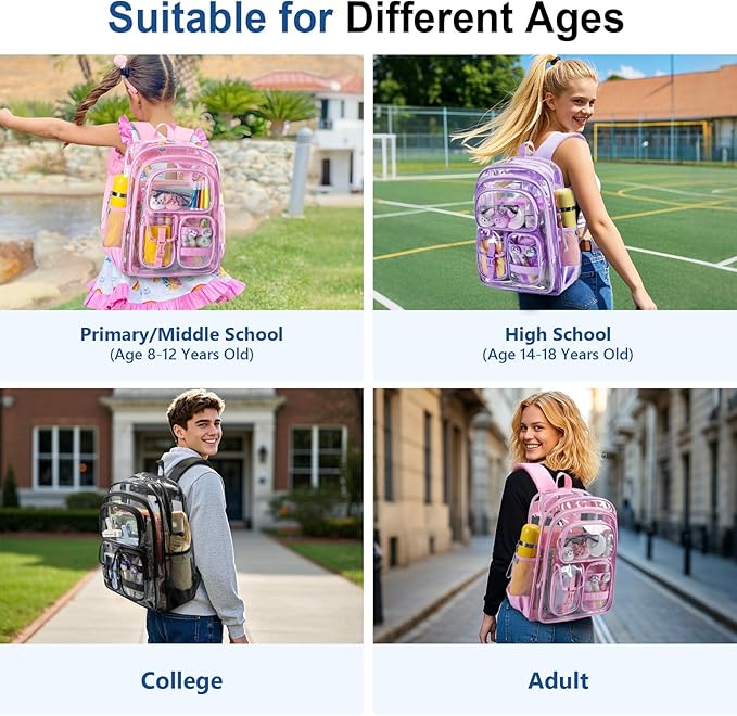 Pink Clear Backpack for School,Heavy Duty PVC Transparent Bookbag for Stadium Events Sports, Girls See Through BackPack Fits 15.6 inch Laptop for Women Work Travel