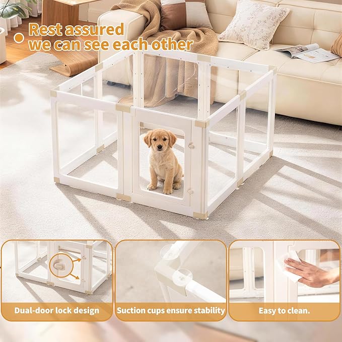 Acrylic Dog Playpen Indoor for Small Dogs & Puppies, Clear Transparent Pet Playpen with Modern No-Bar Design, 23.6" Easy Assemble Puppy Play Pen, Escape-Proof & Sturdy (8 Panels, White)