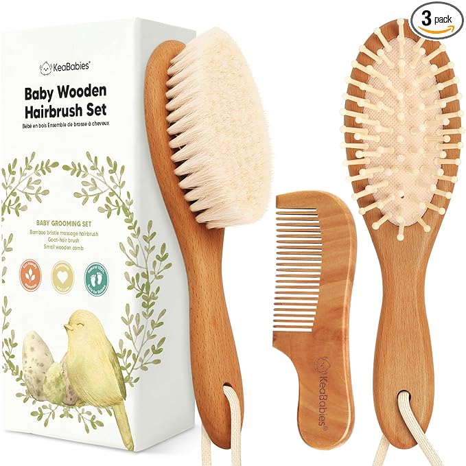 Baby Hair Brush Set for Newborns - Soft Goat Bristle Wooden Baby Brush and Comb Set Newborn Grooming Kit for Cradle Cap, Durable & Gentle, Boy, Girl Infant Essentials Care Kit (Regular, Golden Oak)