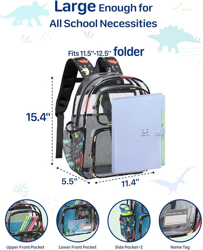 Bagseri 2pcs Clear Backpack for Boys - 15 Inch School Bag with Matching Pencil Case, Heavy Duty Transparent Bookbag for Kindergarten to Grade 2, Fits Folders, Black Dinosaur
