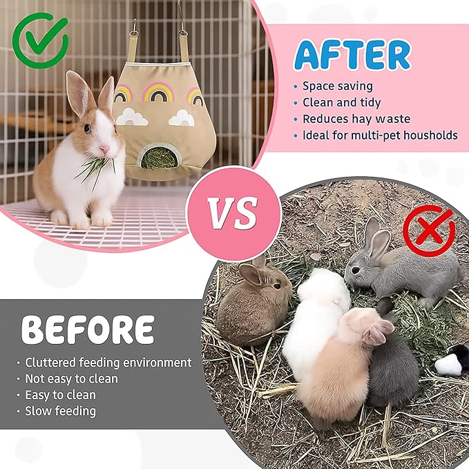 Rabbit Hay Feeder Bag for Guinea Pigs and Chinchillas | Cute Rainbow Design, Washable Oxford Cloth, Single Hole Timothy Hay Holder