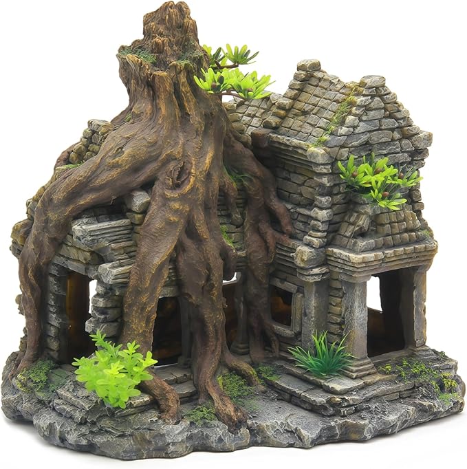 Resin Fish Tank Decoration, 9.1 in Large Aquarium Decoration, Fish Hiding Cave with Ancient Stone Texture, Aquarium Tree Root Ornament, Safe for Salt & Freshwater Fish Tank