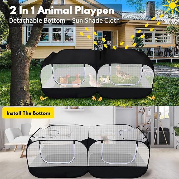 Small Animal Playpen, Portable Chicken Run Coop with Detachable Bottom and Breathable Mesh Walls, Foldable Pet Enclosure for Puppy Kitten Rabbits, Pet Tent Indoor Outdoor