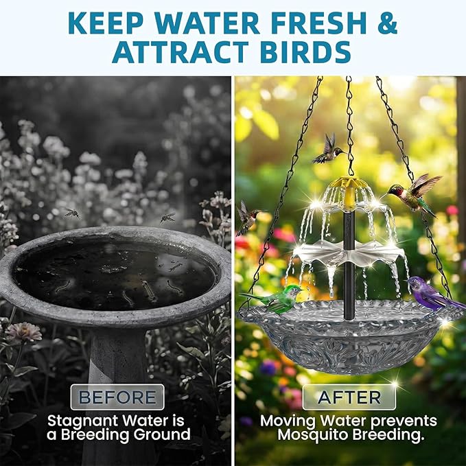 Solar Fountain for Bird Bath, Hanging Cascade Water Feature for Outdoor Garden & Yard Decor, Creates a Relaxing Flow that Attracts Birds (Gray(XL))
