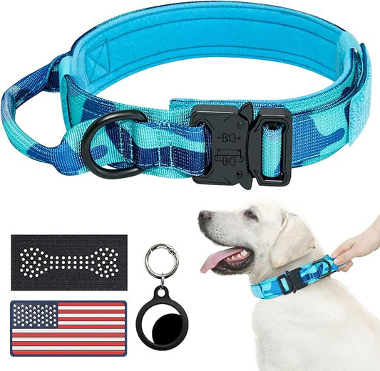 Hotsky Tactical Dog Collar, Adjustable Military Training Nylon Airtag Collar with Handle and Heavy Duty Metal Buckle for Medium Large Dogs, with Airtag Holder and Two Patches（Blue Camo,L）