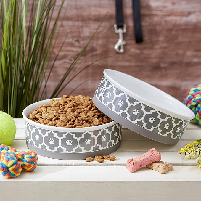 Bone Dry Paw Print Ceramic Pet Bowl, Lattice Collection, Large Set, 7.5x2.4", Gray, 2 Count