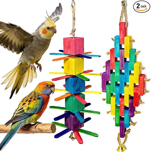 2Pcs Parrot Toys - Natural Wooden Blocks Bird Chewing Toys, Colorful Bird Cage Accessories for Parakeets Cockatiels Lovebirds Conures