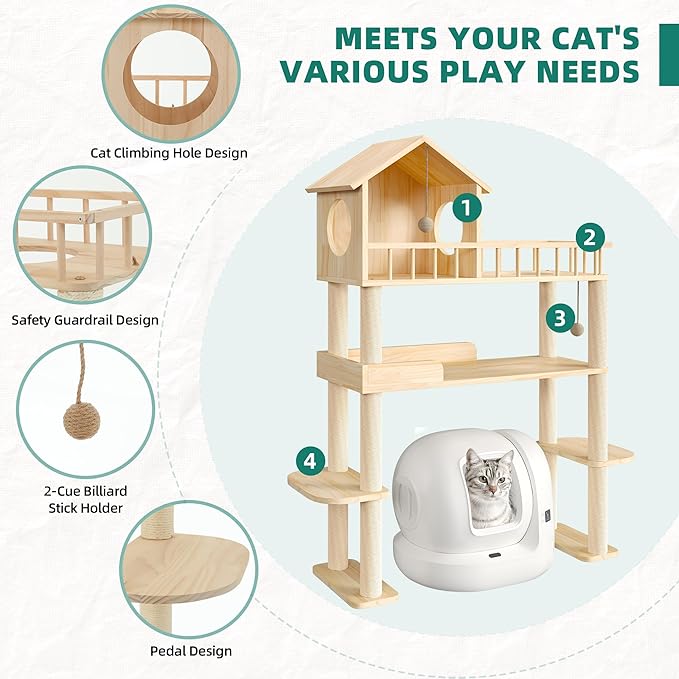 Wood Cat Tower for Automatic Litter Box, 60"H Cat Tree with Scratching Post, Multi-Level Solid Wood Cat Tree for Indoor Large Cats, Tall Cats Scratching Post Furniture w/Cats House, Burlywood