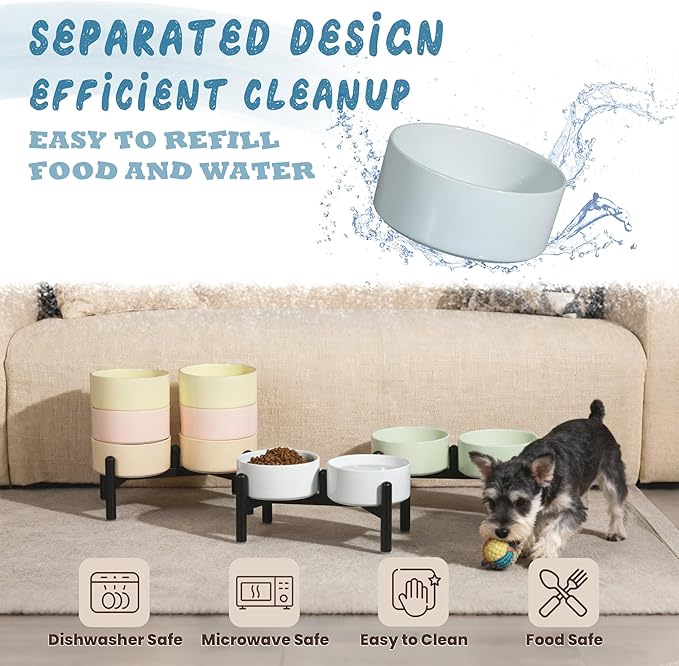 Ceramic Elevated Dog Bowl Set - Dog Feeder Station with Cute-Style Double Bowls for Small and Medium Size Breed - Non-Slip Raised Dish for Food and Water Feeding- 6 Inch - 3.5 Cups / 20 fl oz - Blue