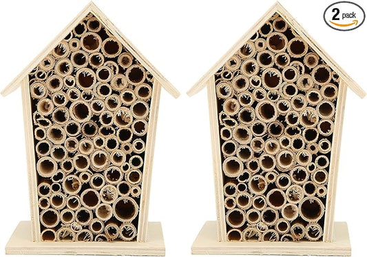 Bee House, Wooden Insect Hotel Hanging Bamboo Bees Hive Habitat Bug Garden Shelter Insects House Decoration Beneficial Nests Box Decorations for Butterfly Bird Outdoors Attracts Pollinators 2PCS