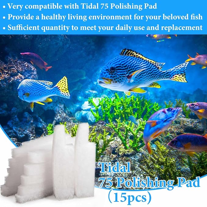 Threlaco 15 Pcs Aquarium Sponge Foam Filter Pads Compatible with Seachem Tidal Replacement Polishing Pad Fish Tank Filter Floss, Media for Crystal Clear Water(Compatible with Seachem Tidal 75,White)