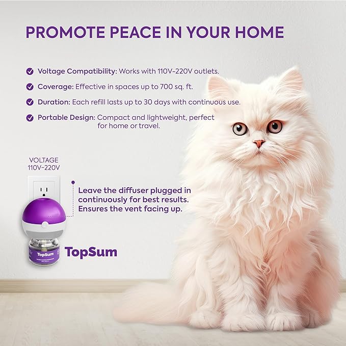 TopSum Cat Pheromones Calming Diffuser: 1 Diffuser & 3 Refills Top Value Kit Cat Calming Diffuser – Helps Reduce Scratching Peeing Meowing Hiding Urine Marking Aggression, New Version (Purple)