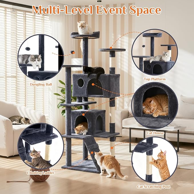 Sweetcrispy 62 Inch Cat Tree Tower, Multi-Level with Cat Scratching Post, Indoor Cat Condo with Climbing Ladder, Plush Toy, Play House for Cat, Dark Grey
