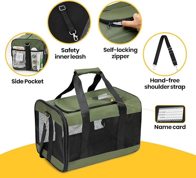 Conlun Dog Carrier Soft Sided, Large Cat Carrier with Inner Safety Leash, Pet Transport Carrier for Large Cats and Medium Dogs up to 20 Lbs, Collapsible Travel Puppy Carrier Bag -Green L
