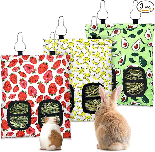 3 Pcs Rabbit Hay Feeder, 2-Hole Hanging Guinea Pig Hay Bags Washable Bunny Hay Bag for Rabbits, Chinchillas, Hamsters, Small Pets and Animals (11.8"×8.7")